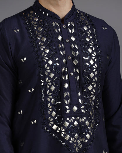 Navy Blue Mirror & Leathrite Embroidered Kurta Set