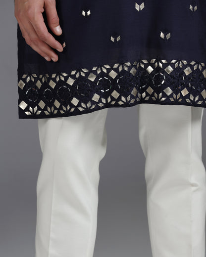 Navy Blue Mirror & Leathrite Embroidered Kurta Set