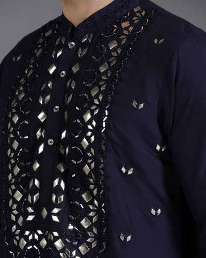Navy Blue Mirror & Leathrite Embroidered Kurta Set