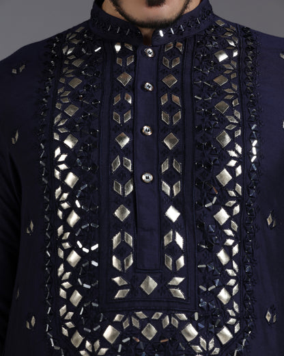 Navy Blue Mirror & Leathrite Embroidered Kurta Set