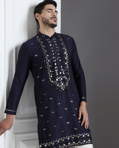 Navy Blue Mirror & Leathrite Embroidered Kurta Set
