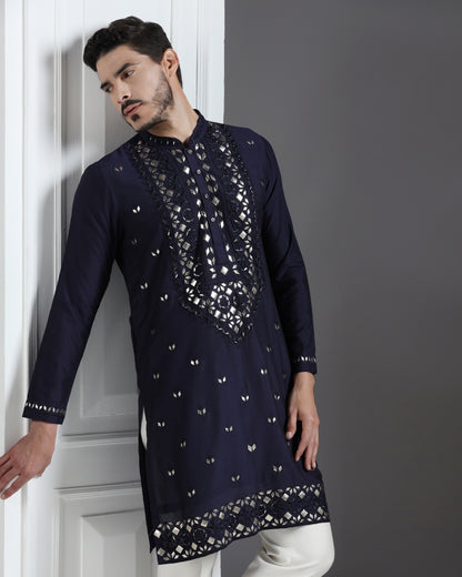 Navy Blue Mirror & Leathrite Embroidered Kurta Set