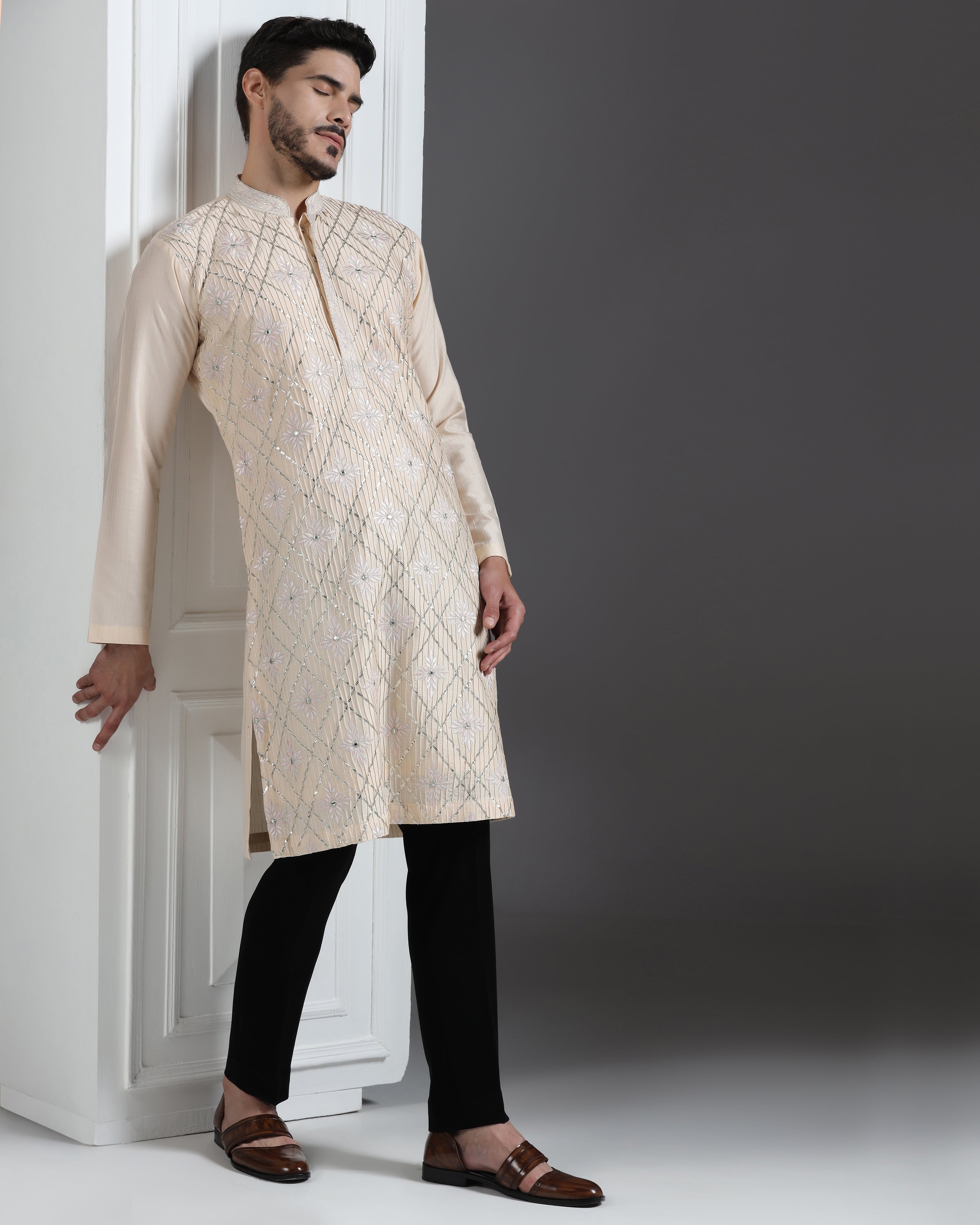 Beige Kurta Set with Gota, Mirror & Thread Embroidery