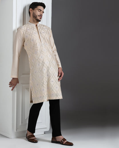 Beige kurta set with Gota mirror thread embroidery | Bhavya Bhasin Couture