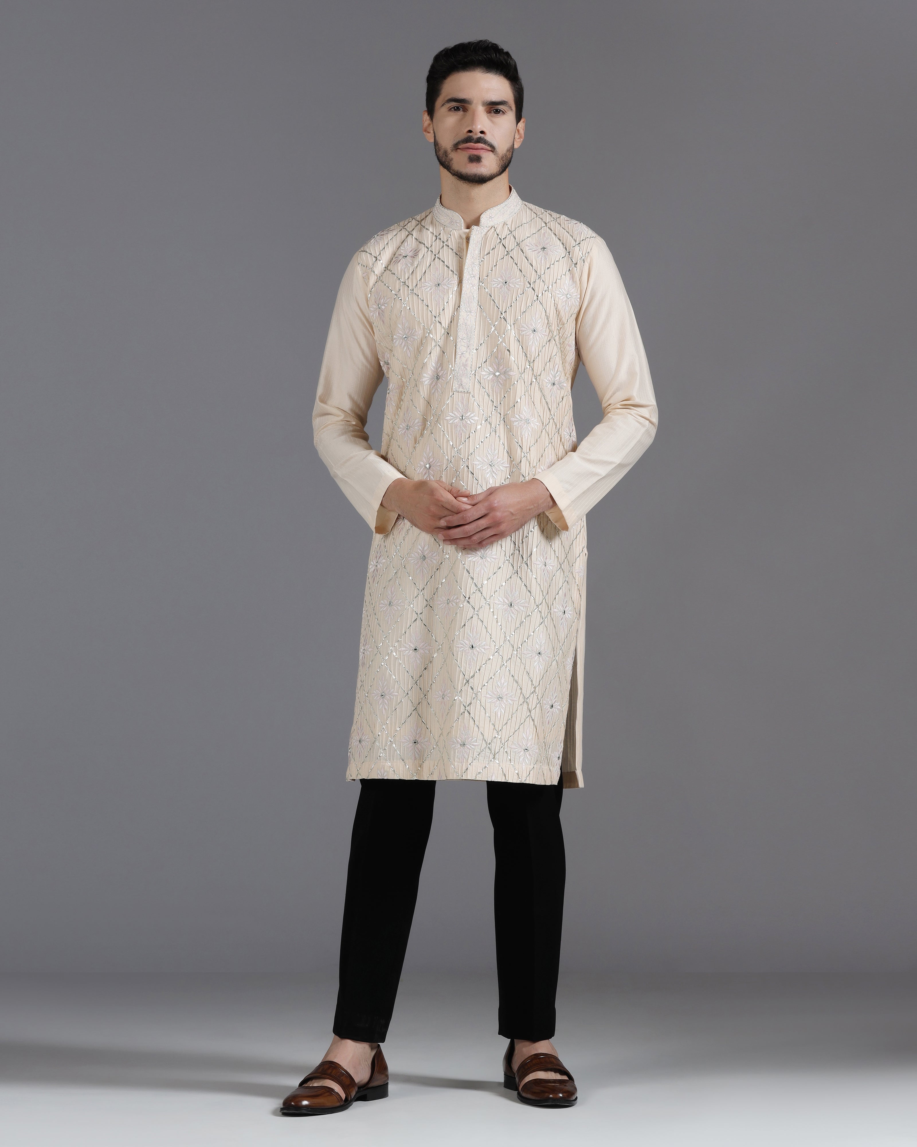 Beige Kurta Set with Gota, Mirror & Thread Embroidery