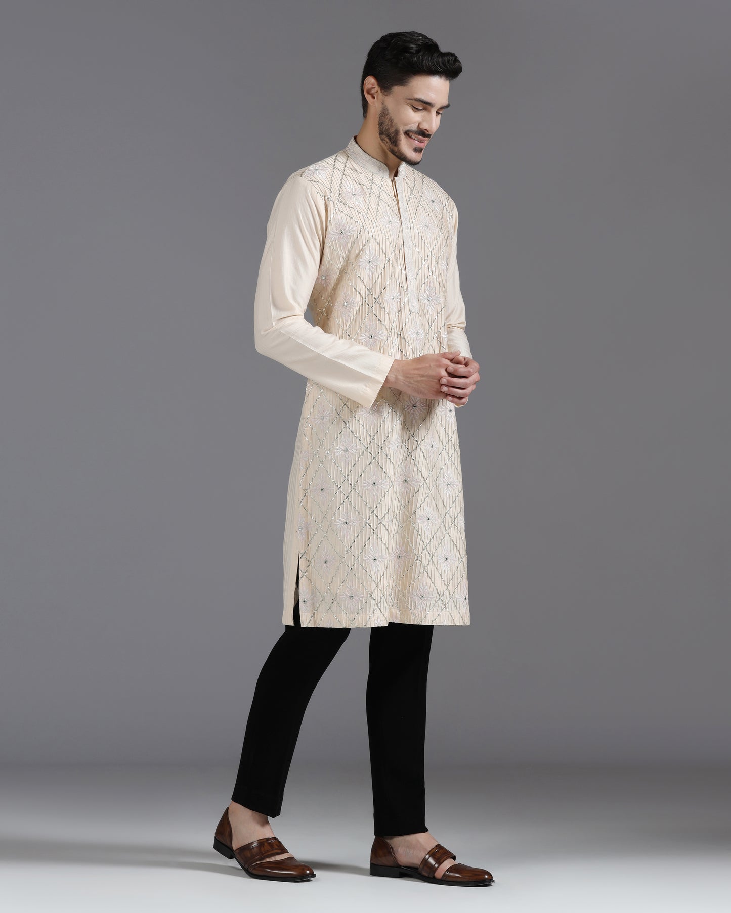 Beige Kurta Set with Gota, Mirror & Thread Embroidery