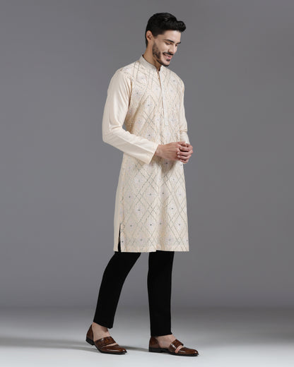 Beige Kurta Set with Gota, Mirror & Thread Embroidery
