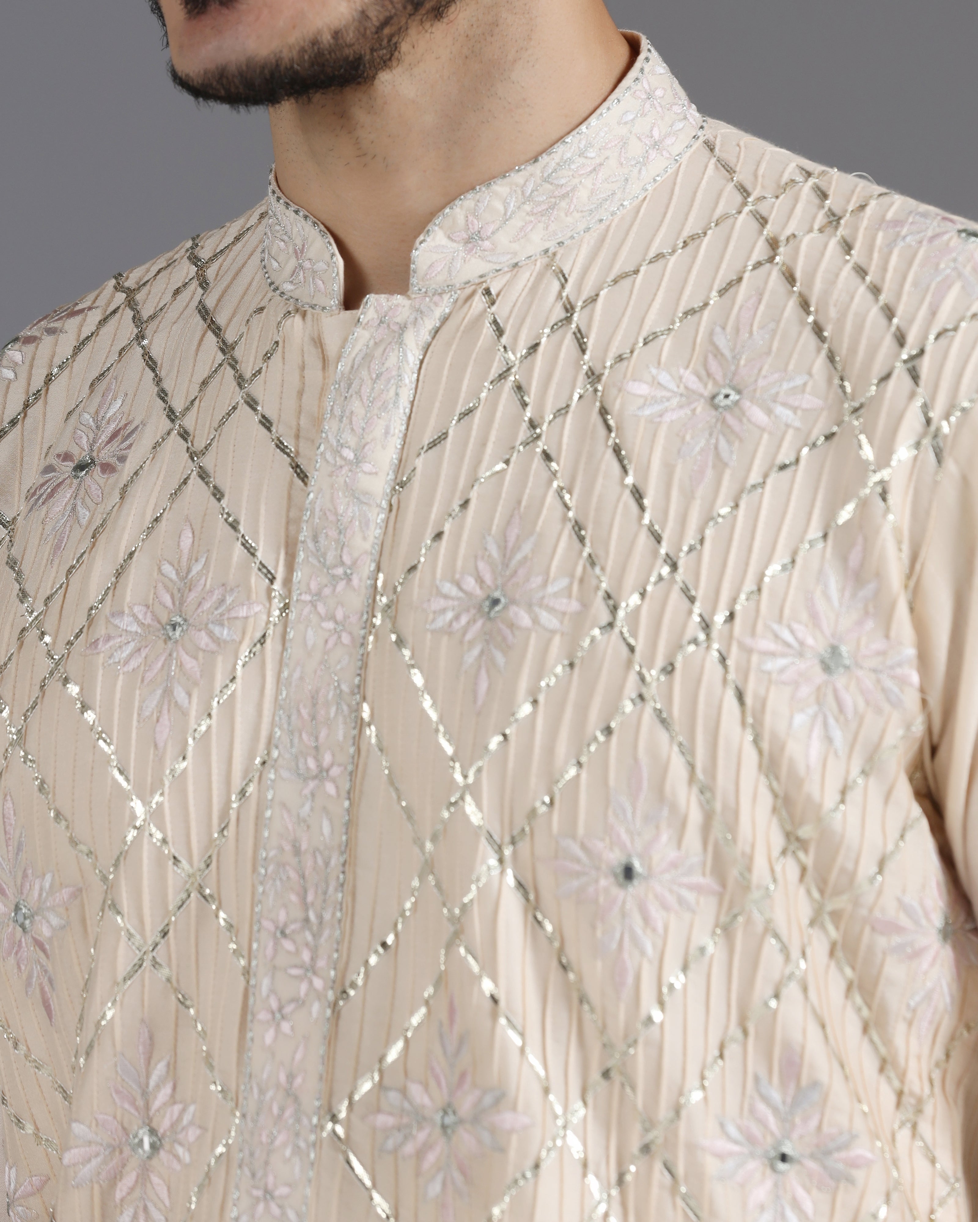 Beige Kurta Set with Gota, Mirror & Thread Embroidery