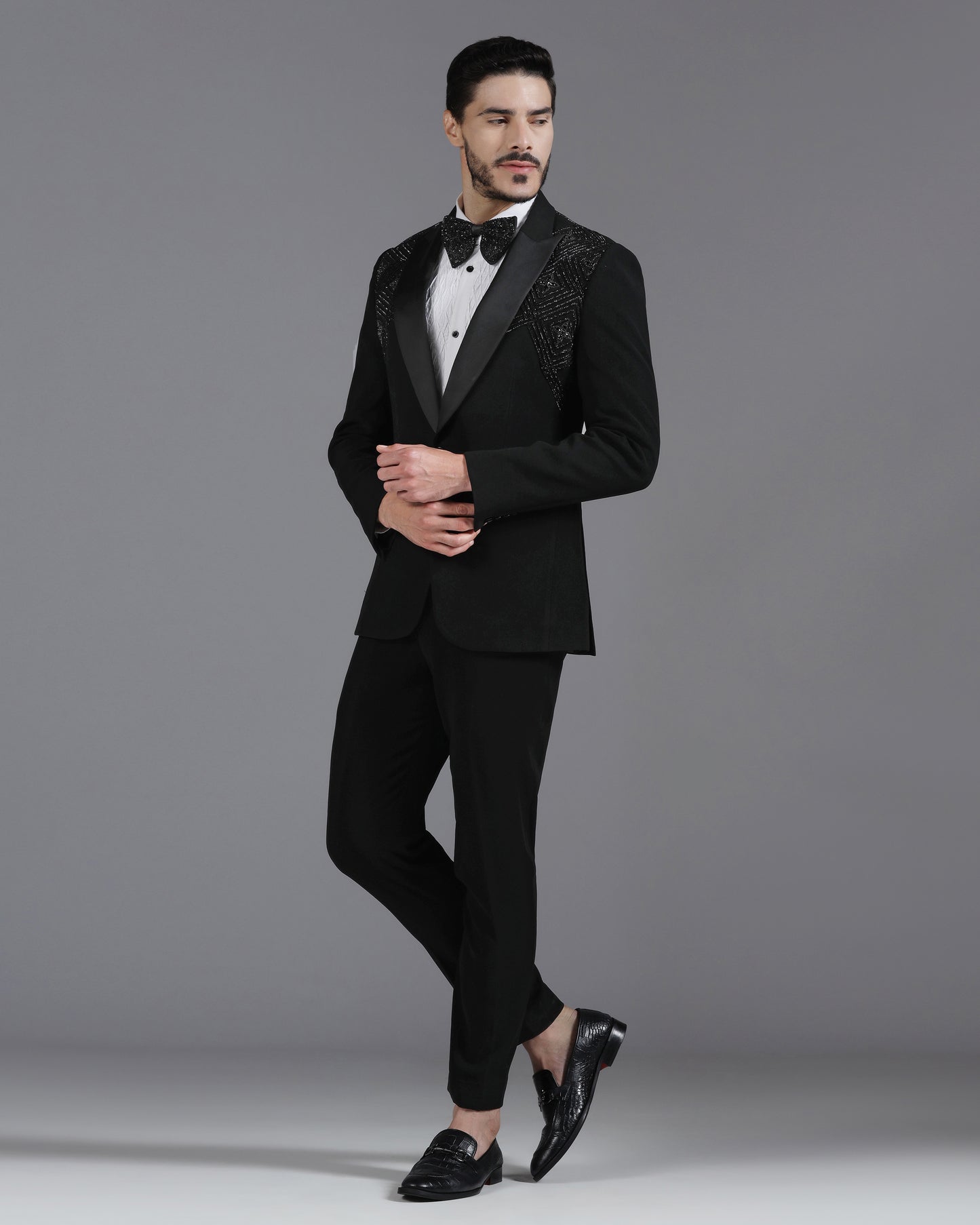 Black tuxedo with 3D Cutdaana and crystal embroidery | Bhavya Bhasin Couture