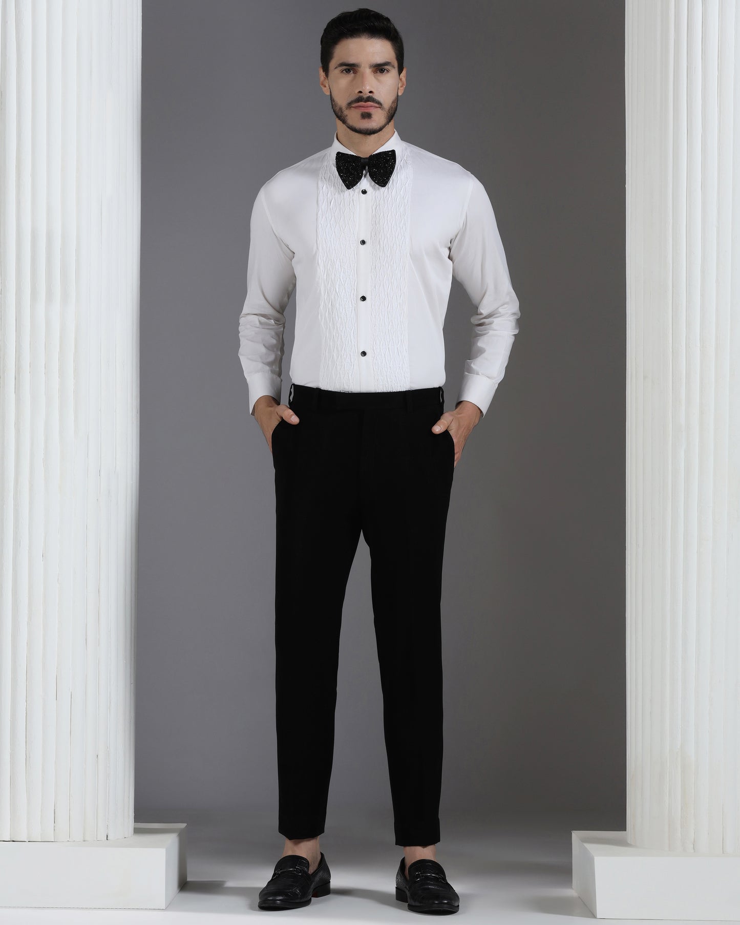 White tuxedo inspired shirt with textured pleated panel | Bhavya Bhasin Couture