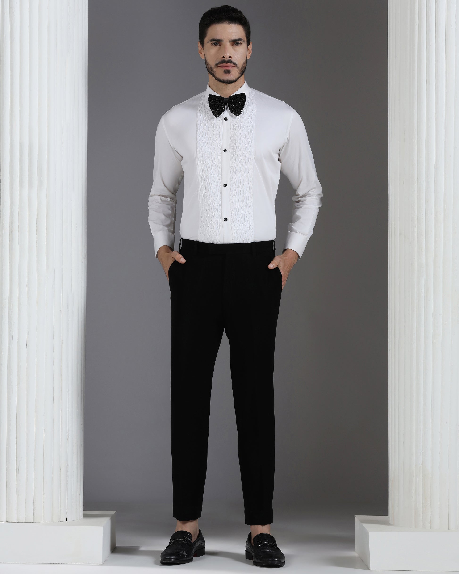 White tuxedo inspired shirt with textured pleated panel | Bhavya Bhasin Couture