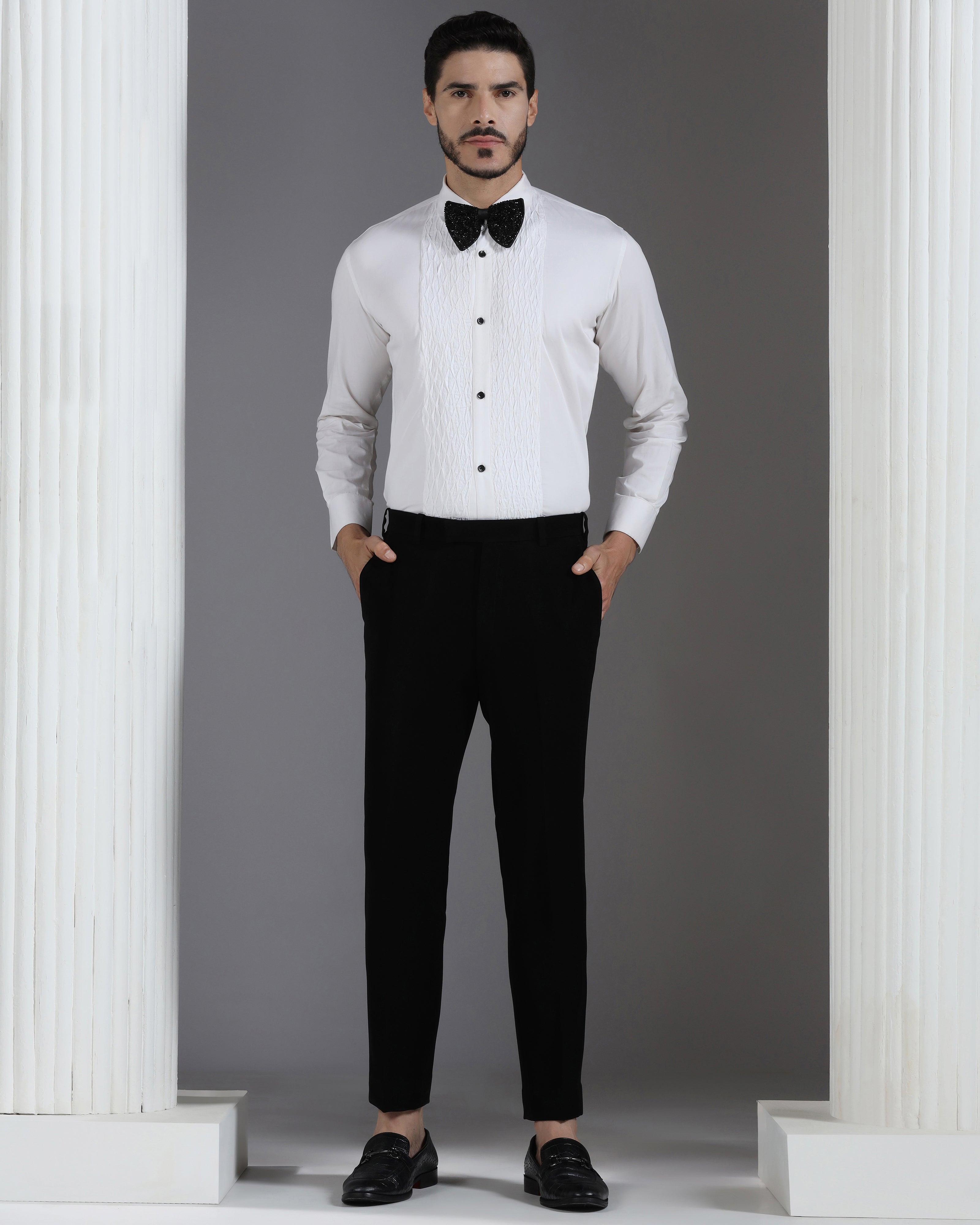 White Tux-Inspired Shirt with Textured Pleated Front Panel