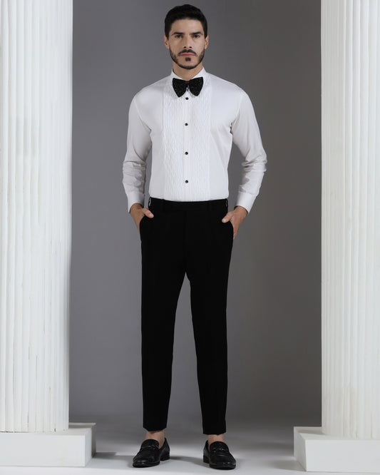 White tuxedo inspired shirt with textured pleated panel | Bhavya Bhasin Couture