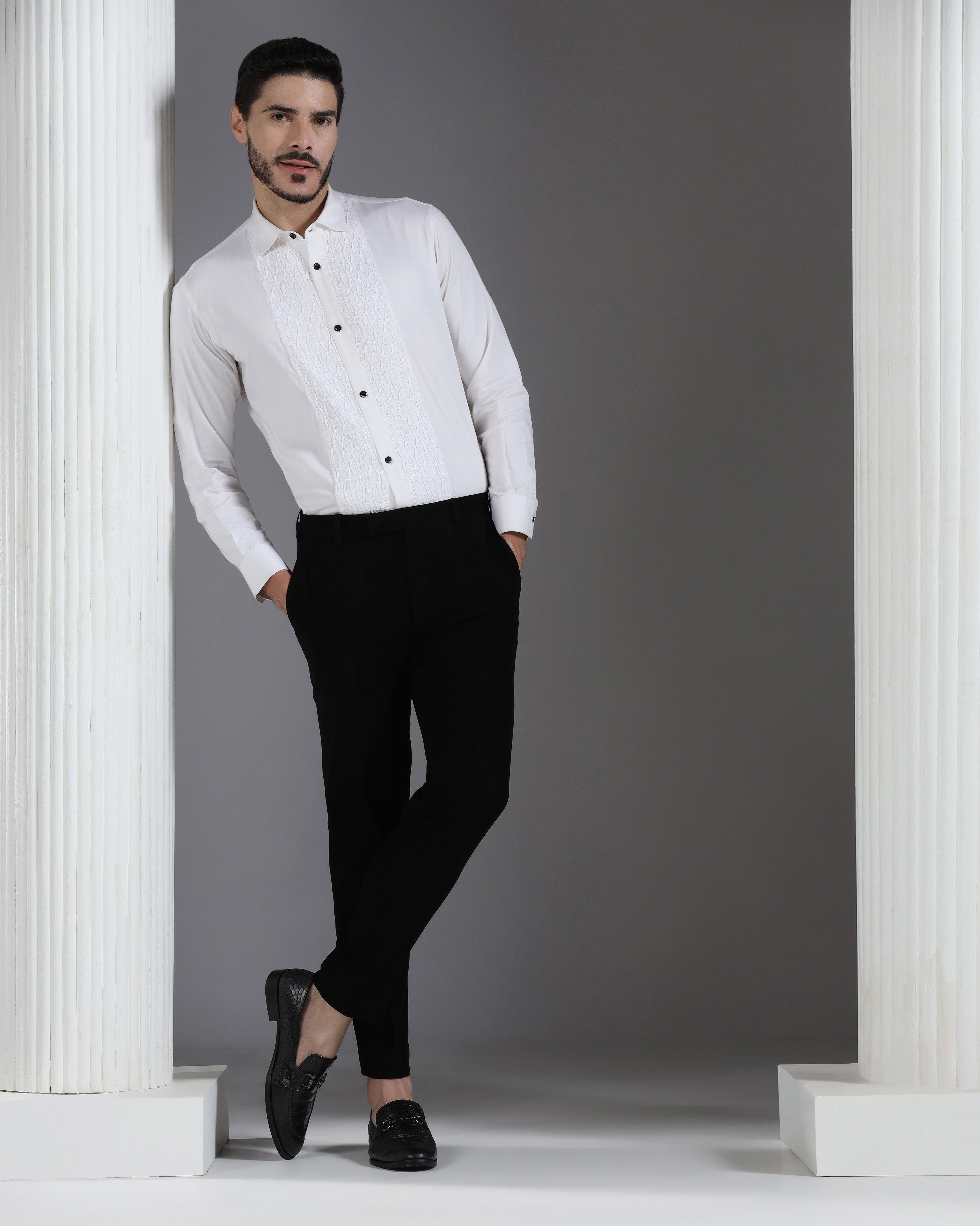 White Tux-Inspired Shirt with Textured Pleated Front Panel
