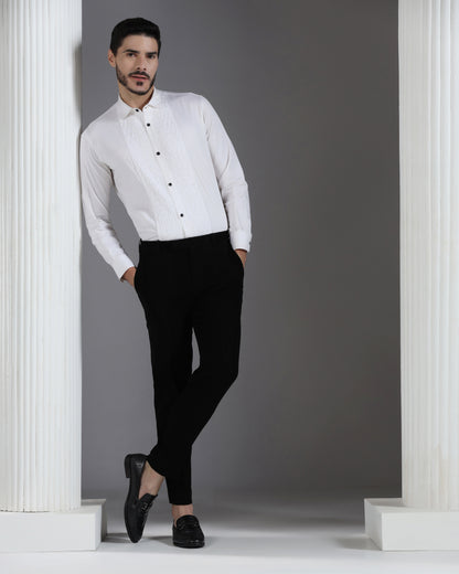 White Tux-Inspired Shirt with Textured Pleated Front Panel
