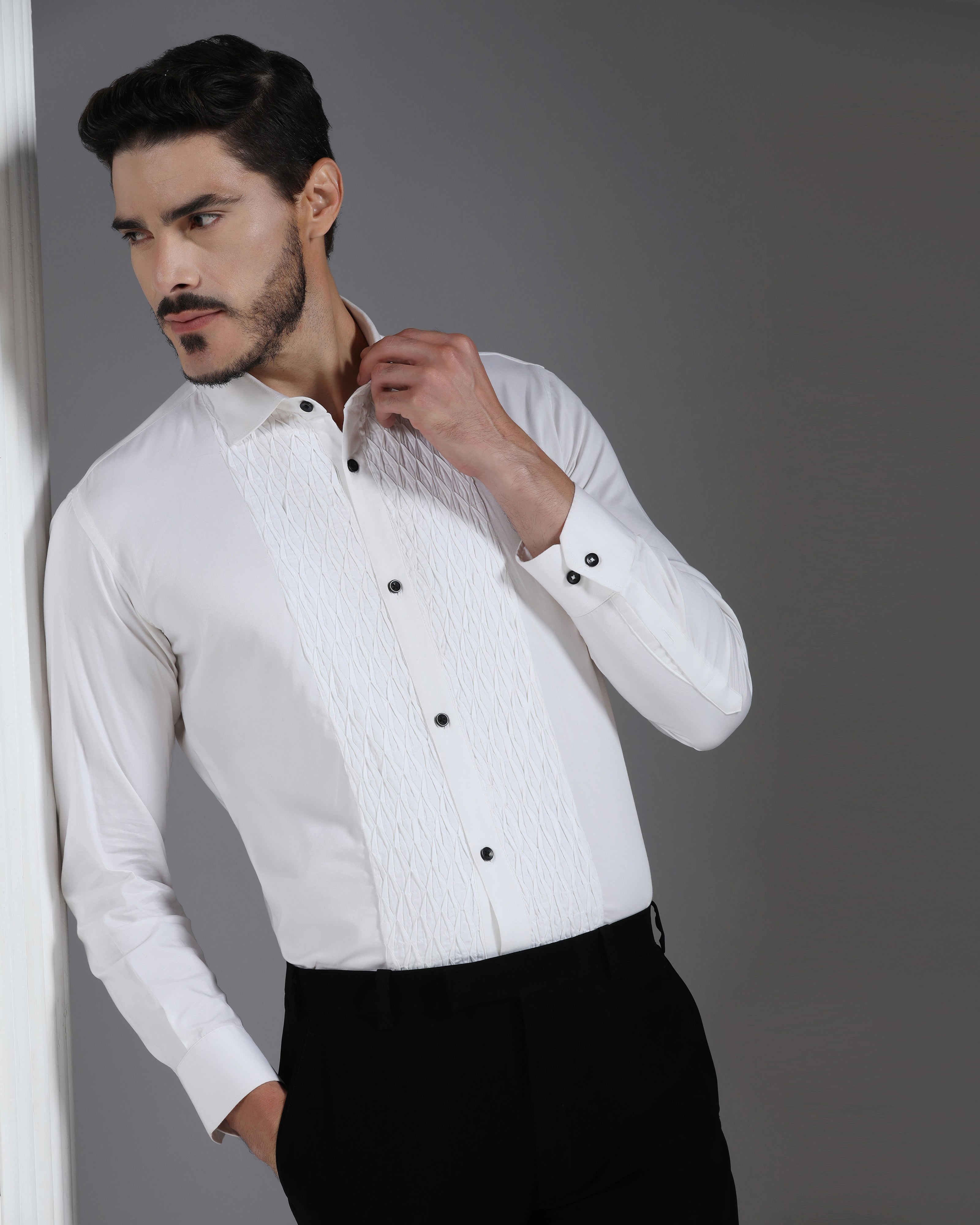 White Tux-Inspired Shirt with Textured Pleated Front Panel
