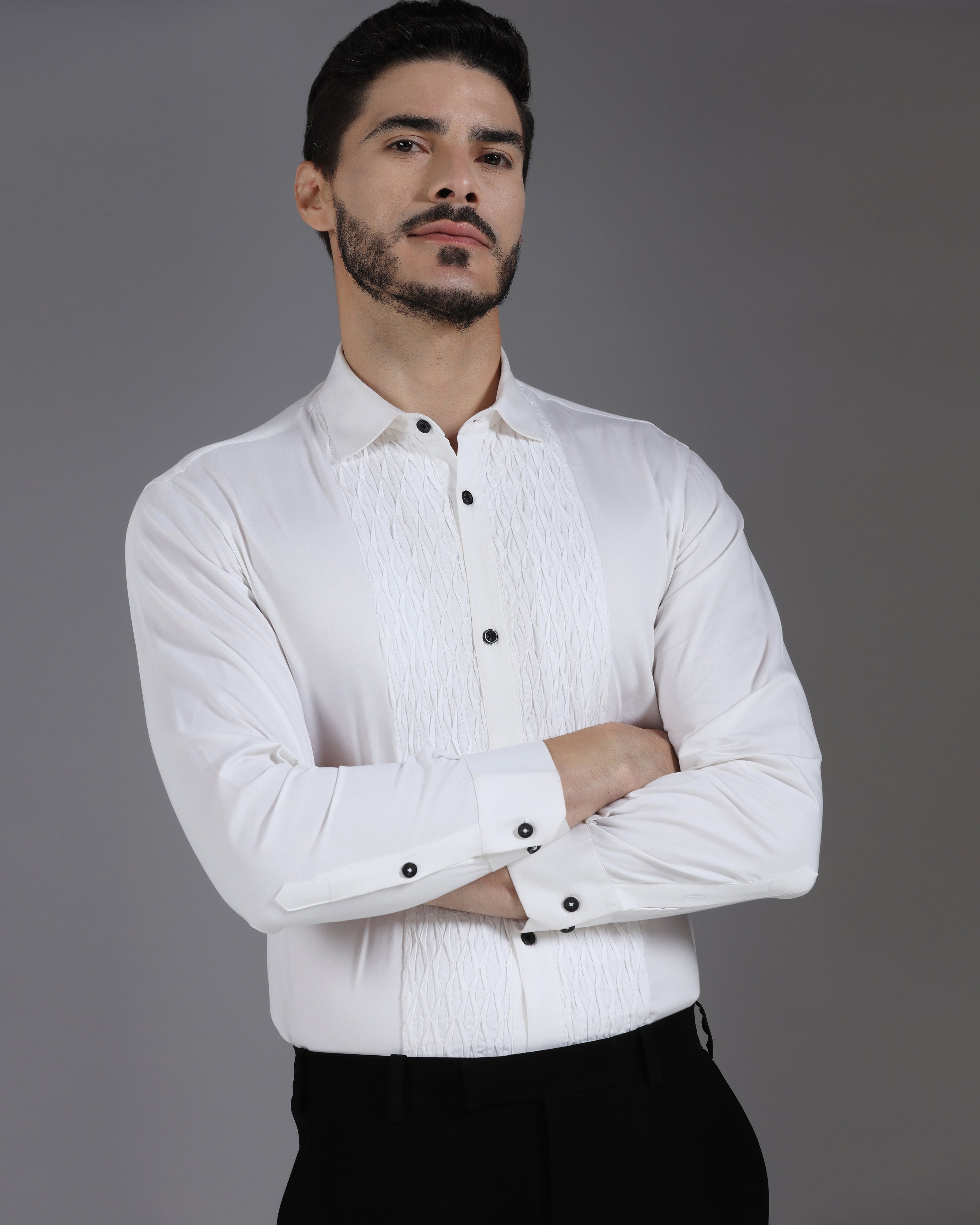 White Tux-Inspired Shirt with Textured Pleated Front Panel