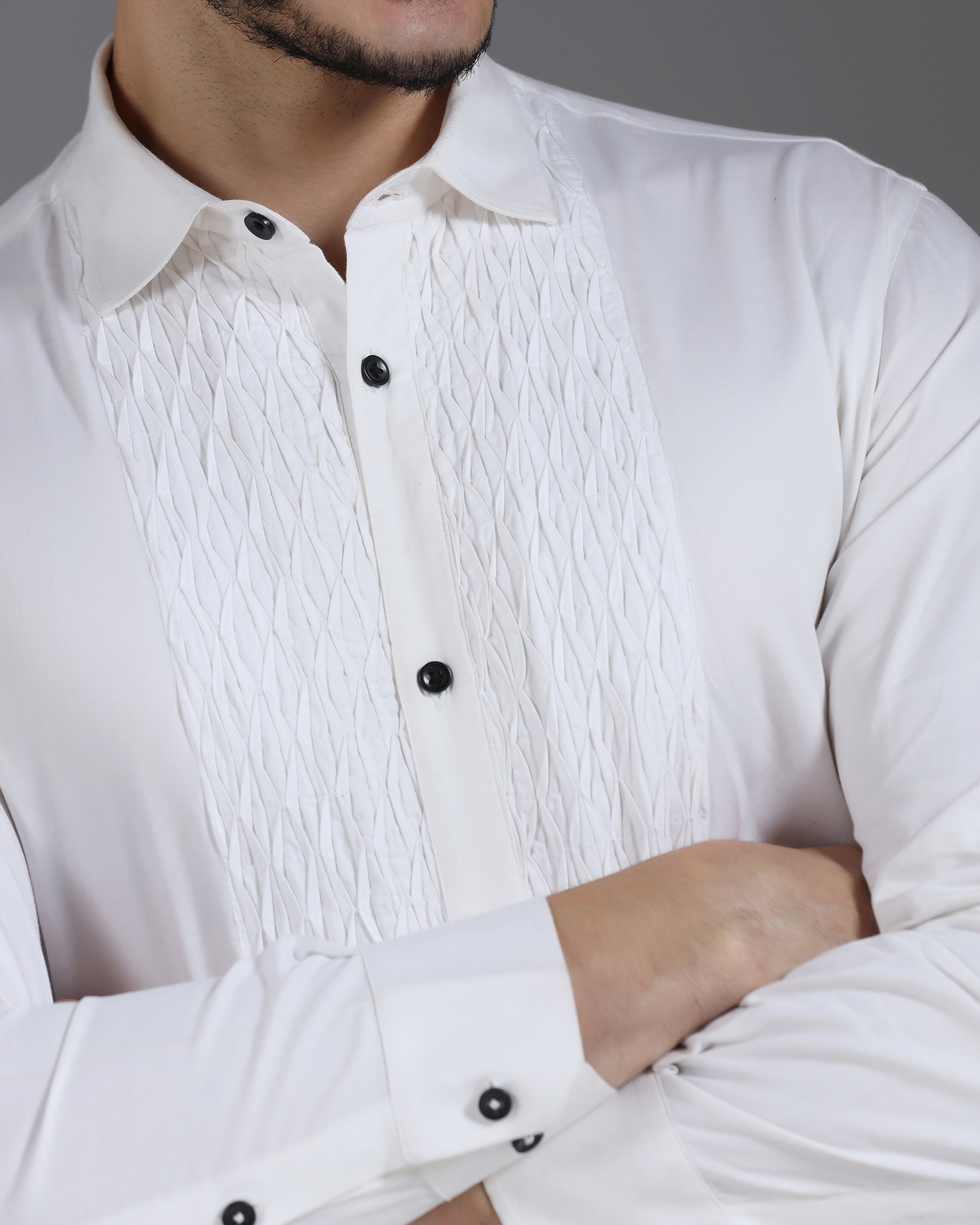 White Tux-Inspired Shirt with Textured Pleated Front Panel