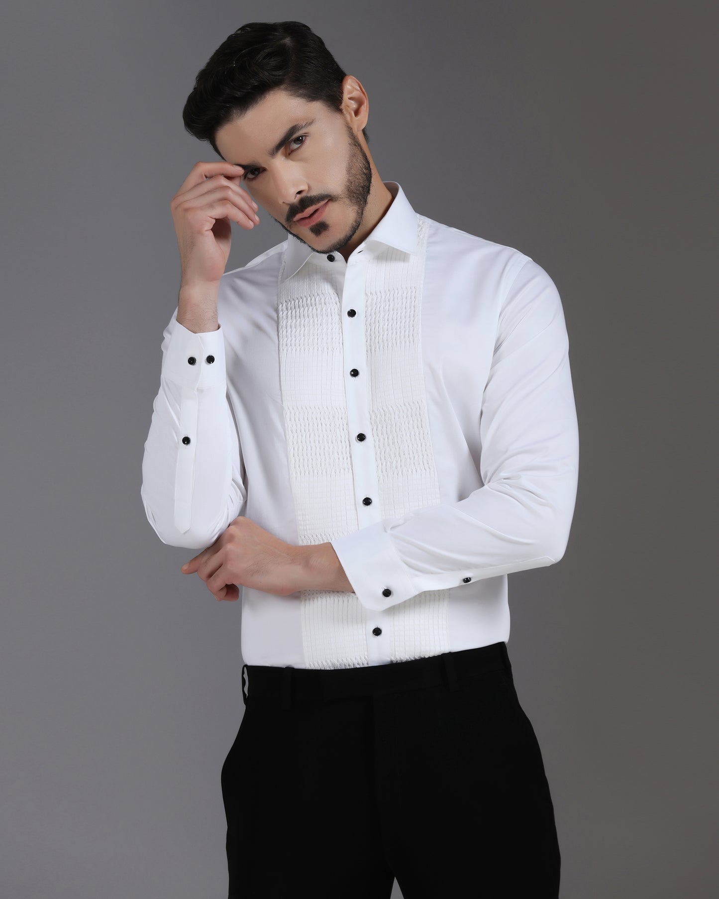 White shirt with structured pleated grid and black button | Bhavya Bhasin Couture
