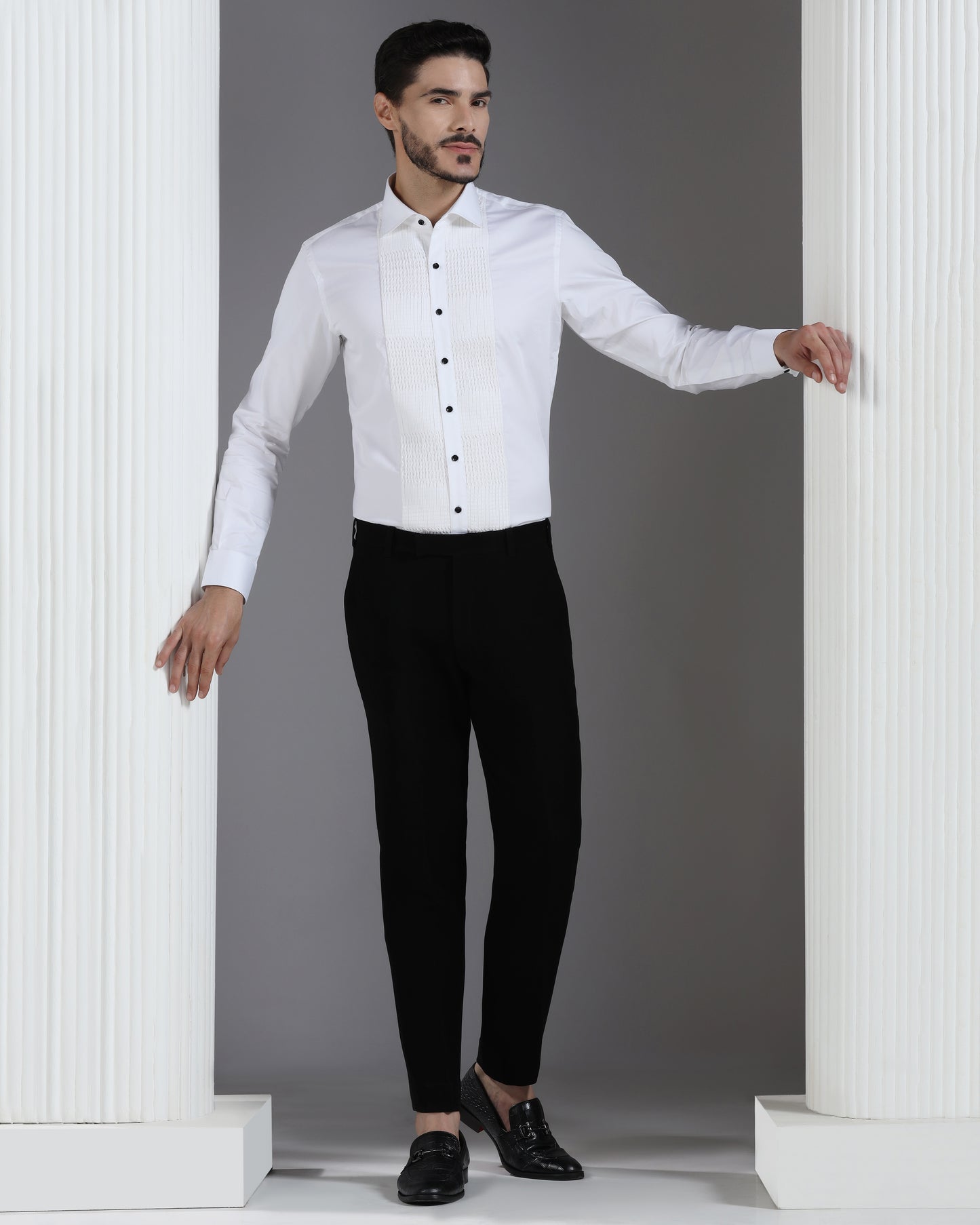 White Cotton Shirt with Structured Pleated Grid Panel and Black Button Detail
