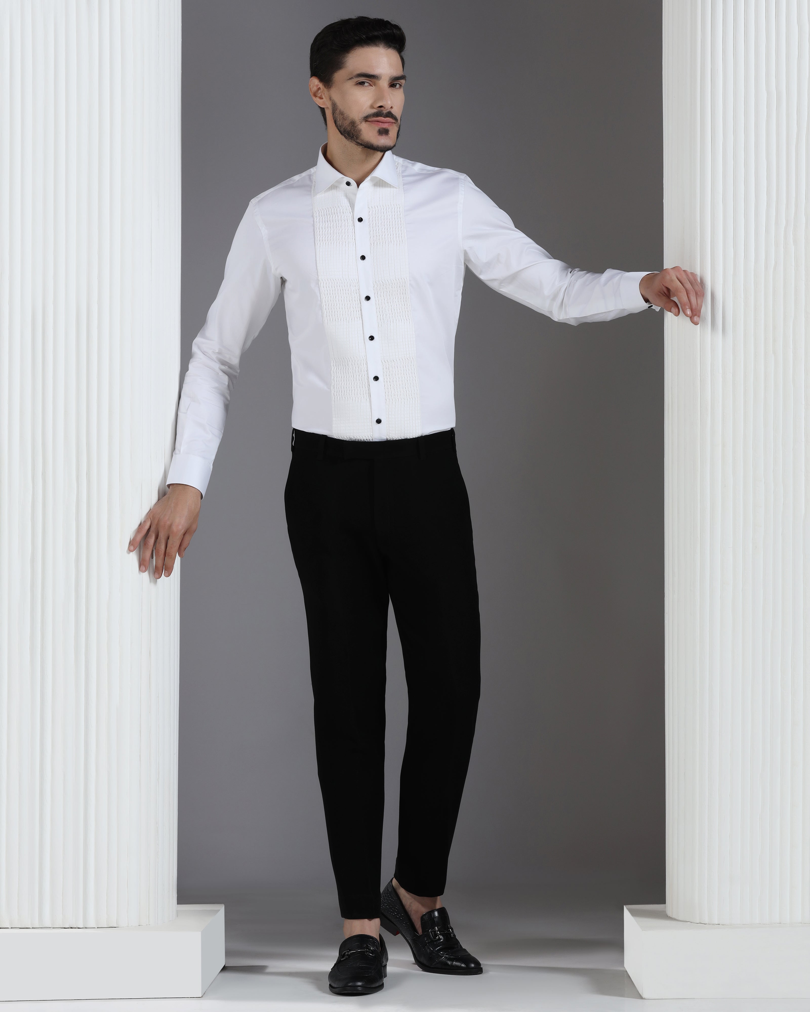 White Cotton Shirt with Structured Pleated Grid Panel and Black Button Detail