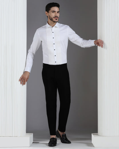 White Cotton Shirt with Structured Pleated Grid Panel and Black Button Detail