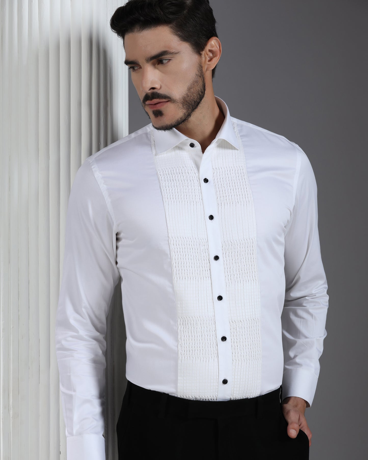 White Cotton Shirt with Structured Pleated Grid Panel and Black Button Detail