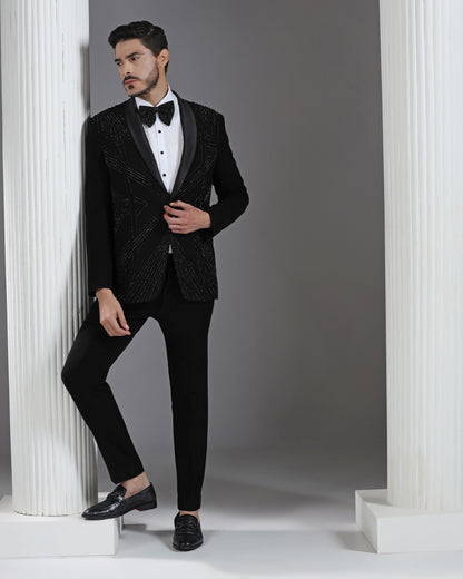 Black tuxedo with 3D Cutdaana embroidery luxury | Bhavya Bhasin Couture