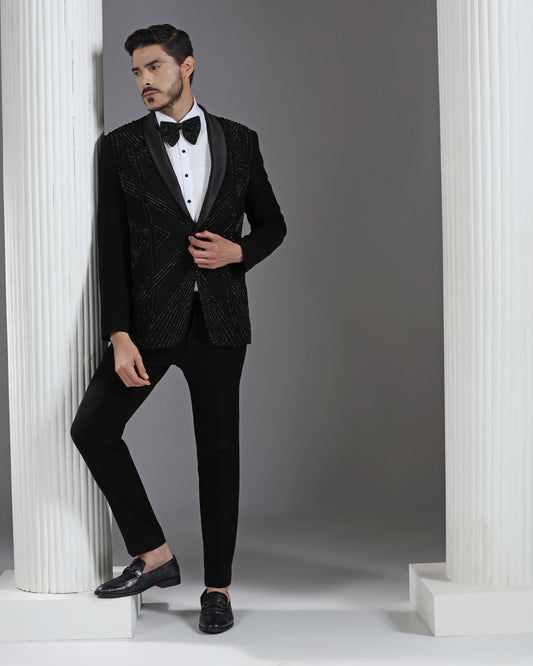 Black tuxedo with 3D Cutdaana embroidery luxury | Bhavya Bhasin Couture