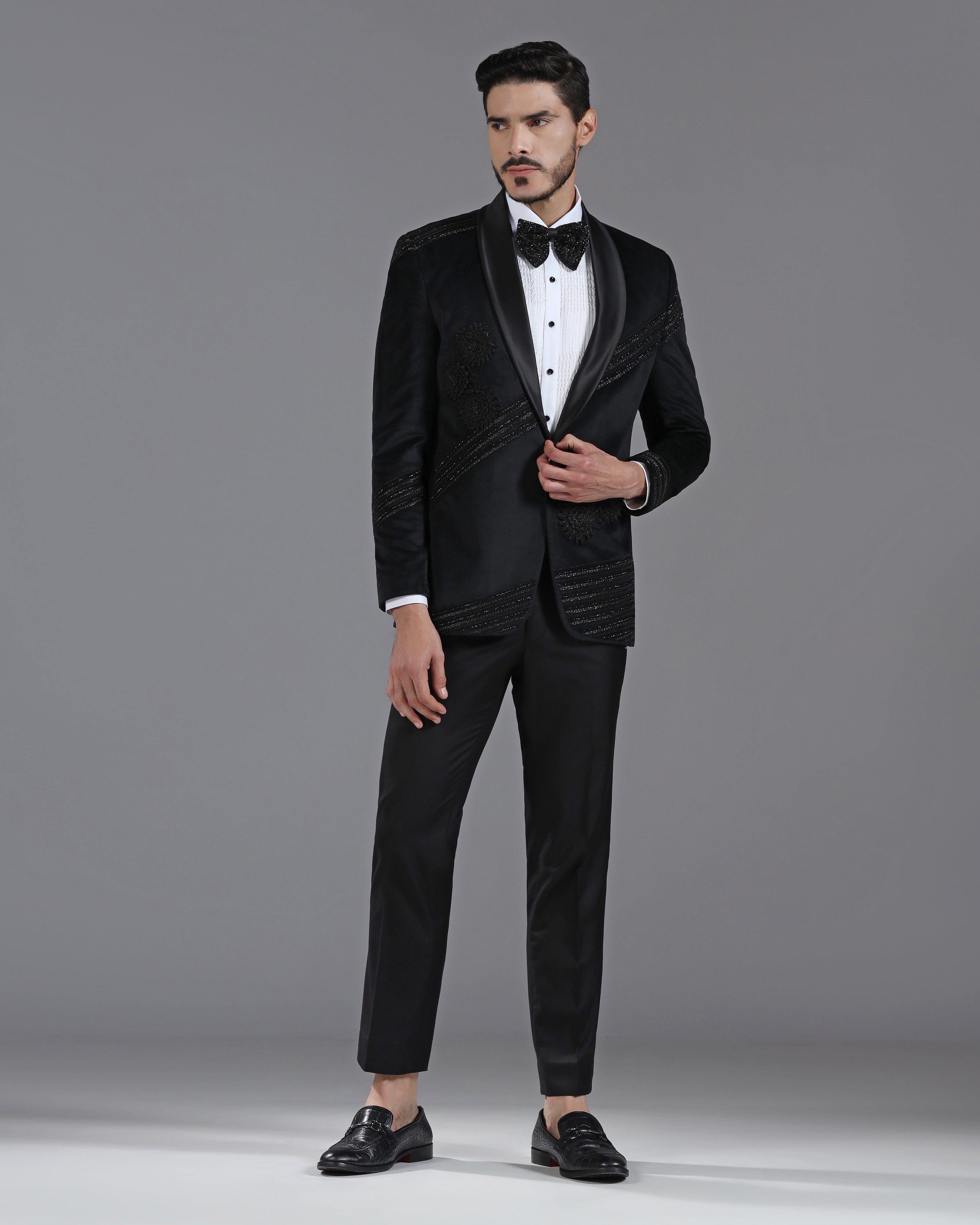 Velvet Black Tuxedo with 3D Flower Embroidery