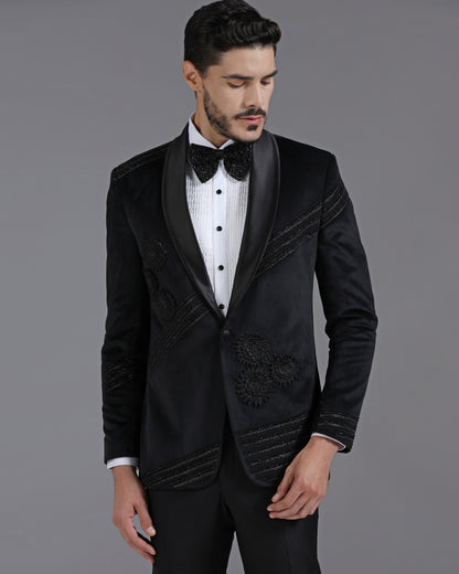 Velvet Black Tuxedo with 3D Flower Embroidery