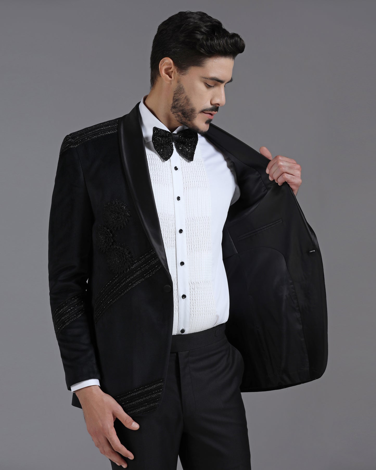 Velvet Black Tuxedo with 3D Flower Embroidery