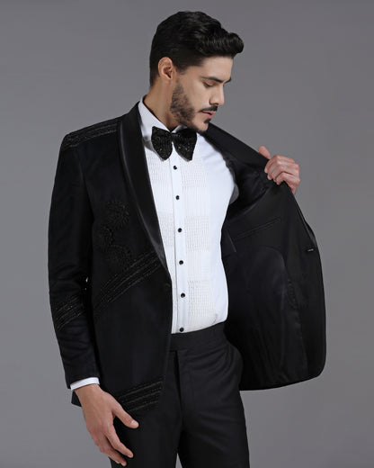 Velvet Black Tuxedo with 3D Flower Embroidery