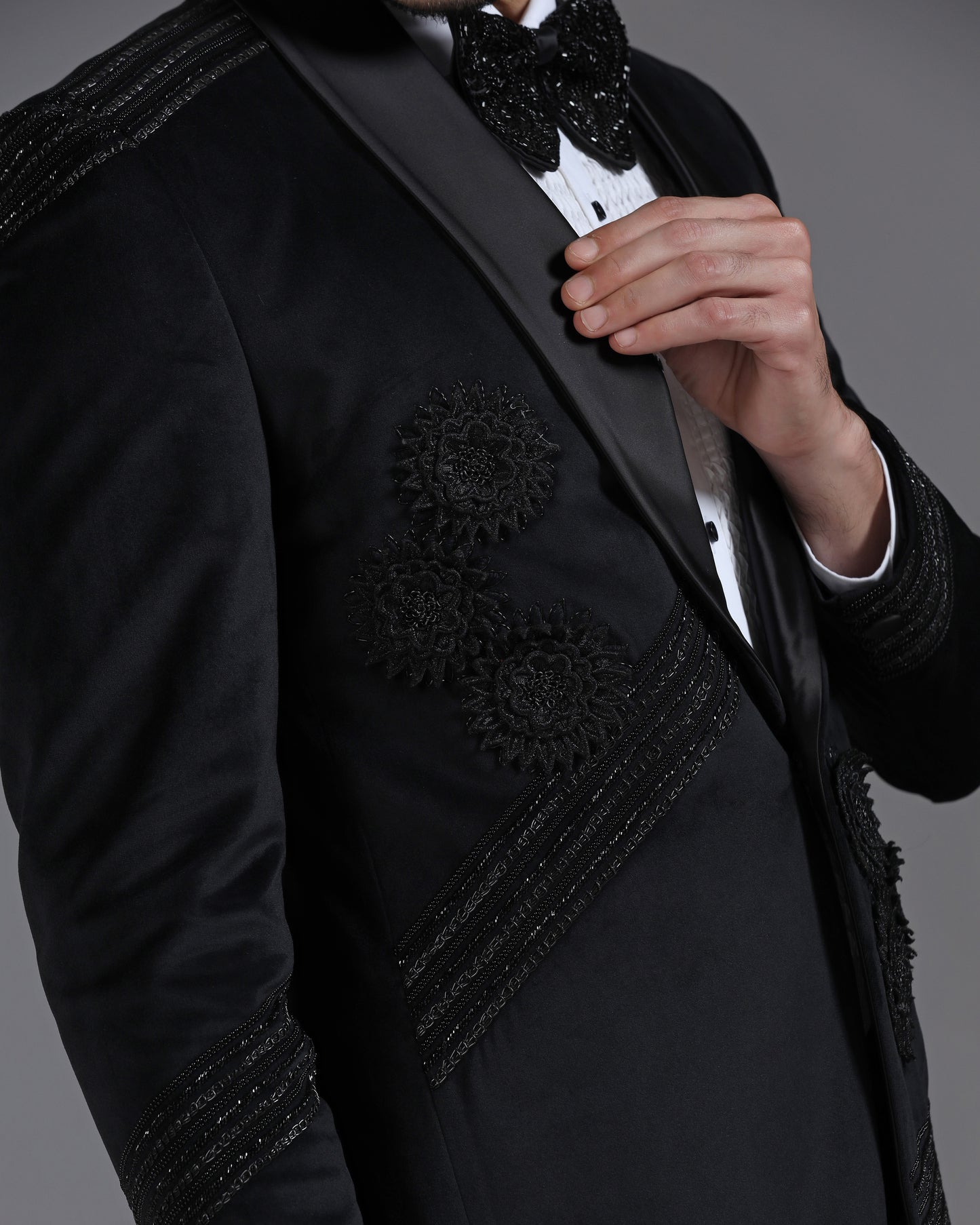 Velvet Black Tuxedo with 3D Flower Embroidery