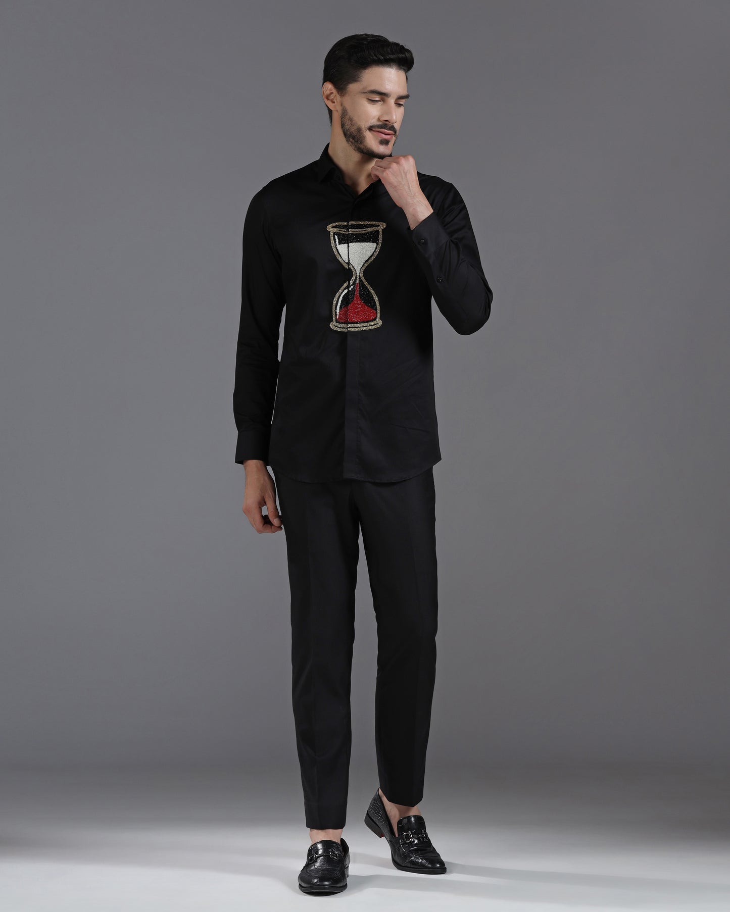 Black Cotton Shirt with Handcrafted Hourglass Embroidery