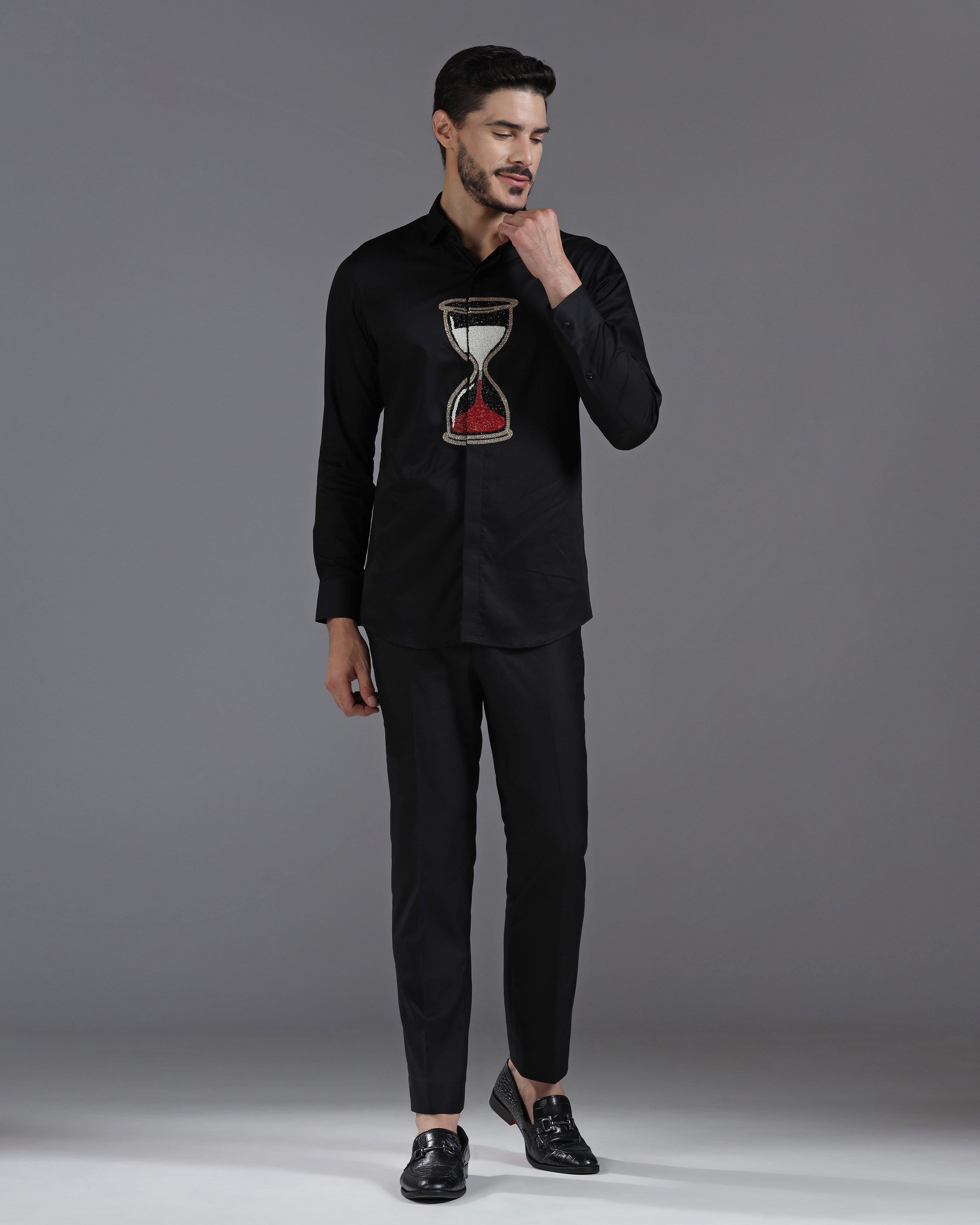Black Cotton Shirt with Handcrafted Hourglass Embroidery
