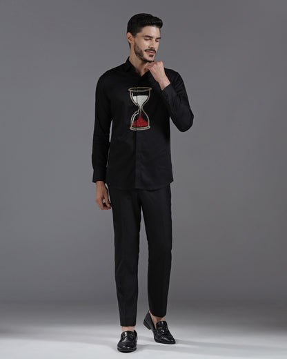 Black Cotton Shirt with Handcrafted Hourglass Embroidery