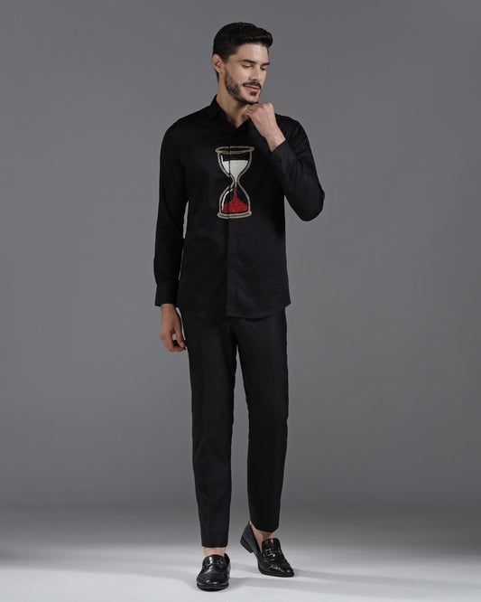 Black Cotton Shirt with Handcrafted Hourglass Embroidery