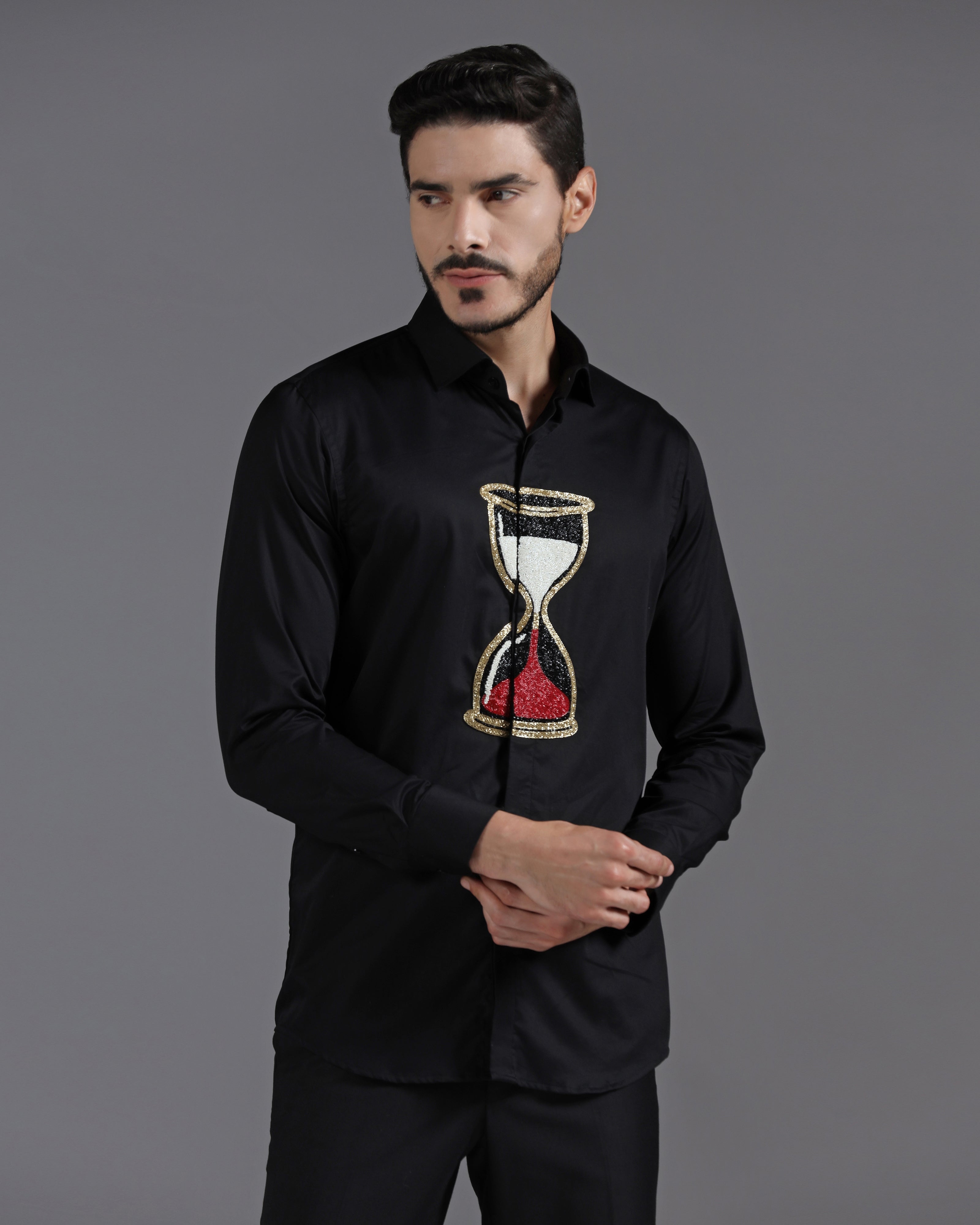 Black Cotton Shirt with Handcrafted Hourglass Embroidery