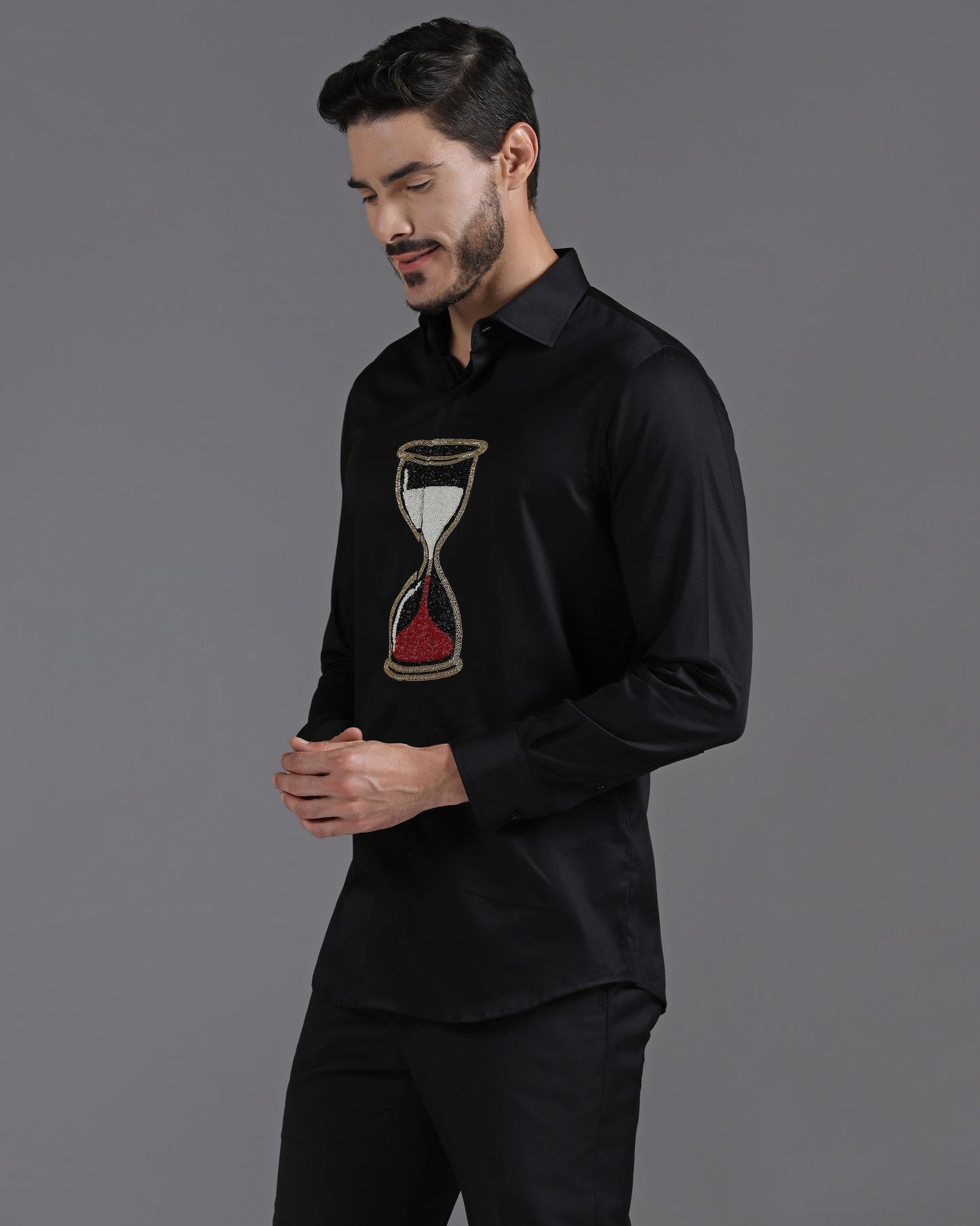Black Cotton Shirt with Handcrafted Hourglass Embroidery