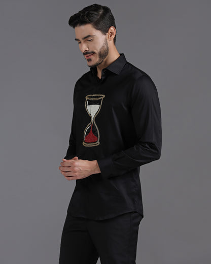 Black Cotton Shirt with Handcrafted Hourglass Embroidery