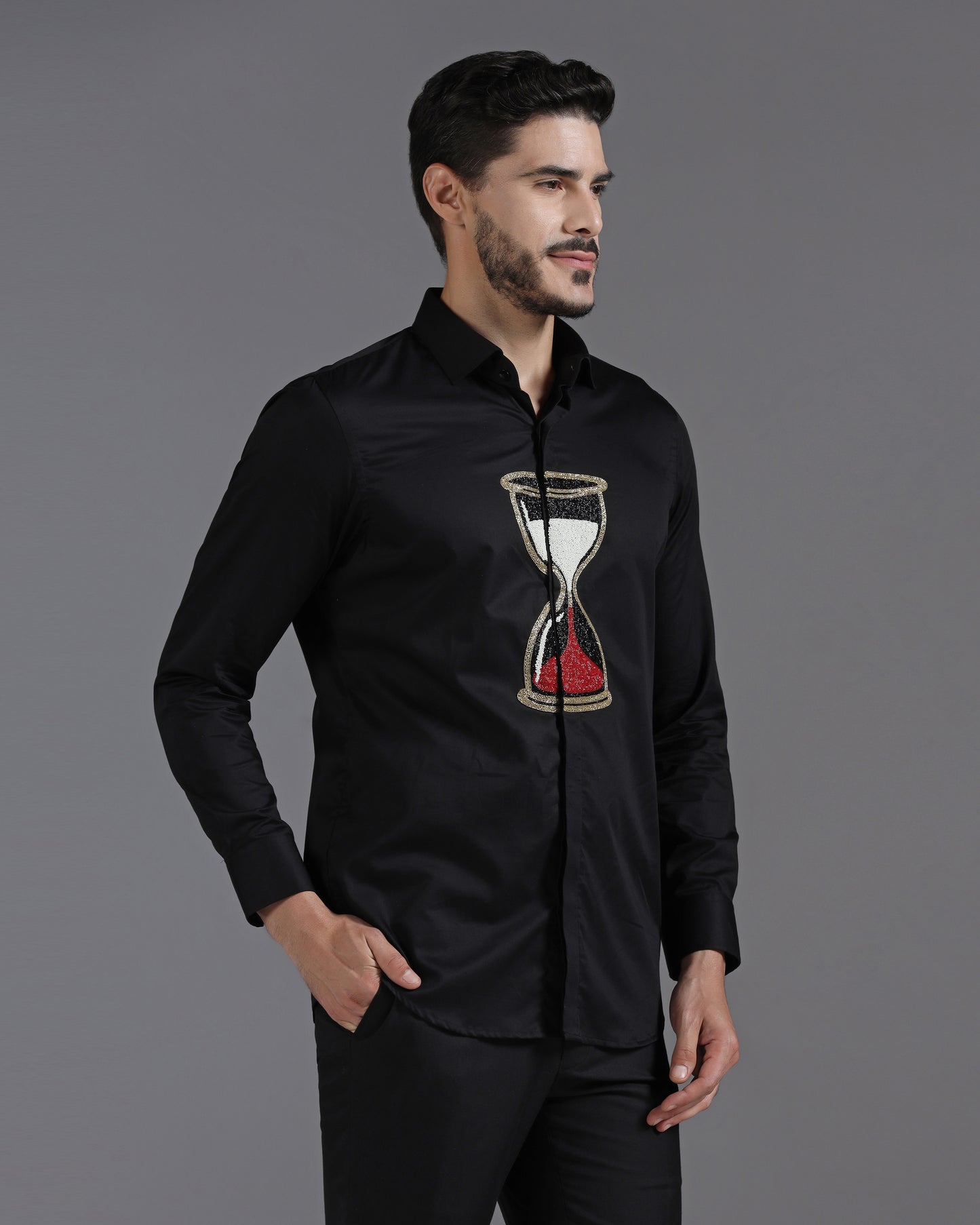 Black Cotton Shirt with Handcrafted Hourglass Embroidery