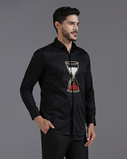 Black Cotton Shirt with Handcrafted Hourglass Embroidery