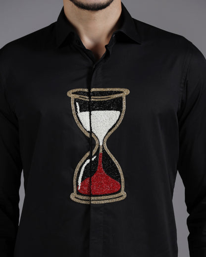 Black Cotton Shirt with Handcrafted Hourglass Embroidery
