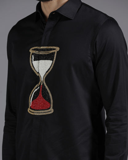 Black Cotton Shirt with Handcrafted Hourglass Embroidery
