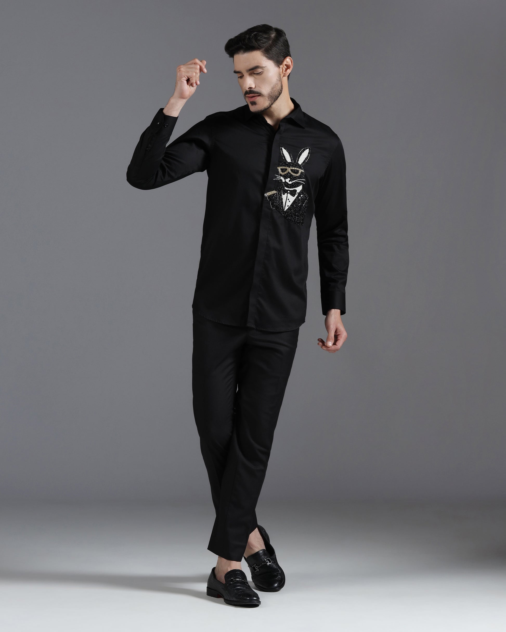 Black cotton shirt with bunny in tuxedo embroidery | Bhavya Bhasin Couture