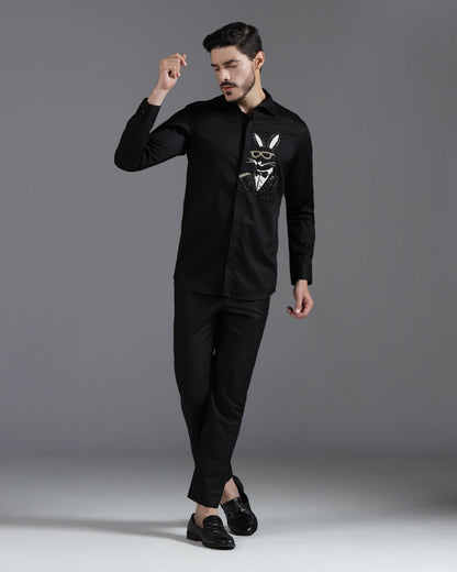Black cotton shirt with bunny in tuxedo embroidery | Bhavya Bhasin Couture