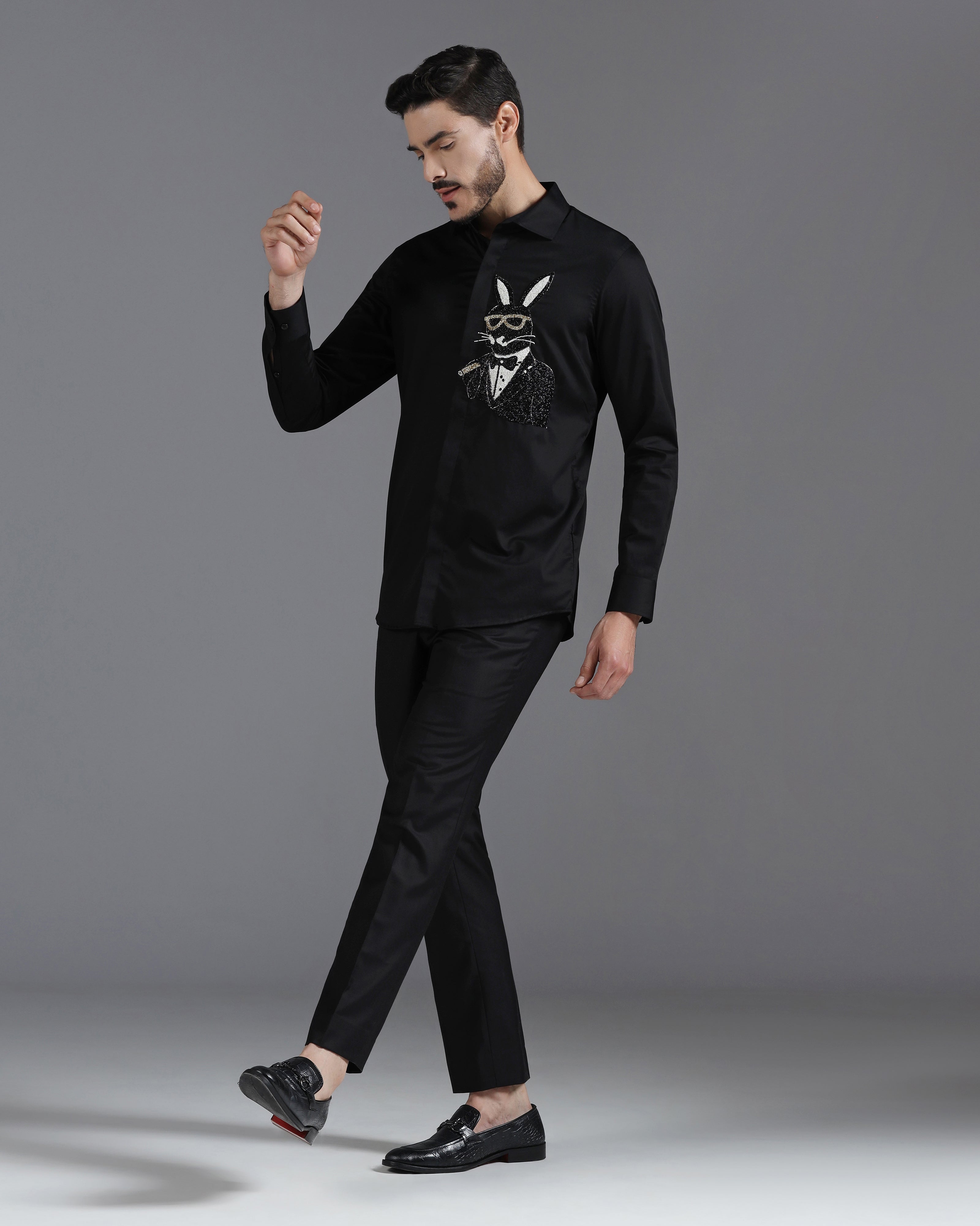 Black Cotton Shirt with Hand-Embroidered Bunny in Tuxedo