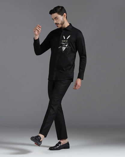 Black Cotton Shirt with Hand-Embroidered Bunny in Tuxedo