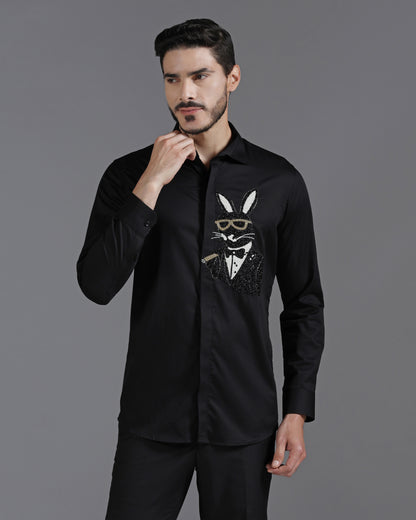 Black Cotton Shirt with Hand-Embroidered Bunny in Tuxedo